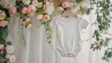 blank white baby bodysuit mockup hanging from a rack