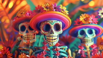 Grupa szkieletów ubranych w sombrera i różne kapelusze, w trakcie jakiejś uroczystości związanej z tradycją Dnia Zmarłych