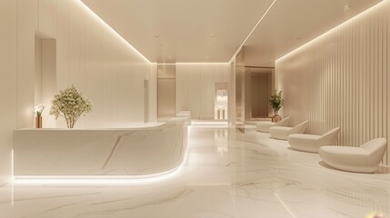 A modern hotel lobby featuring elegant marble accents, ambient soft lighting, and minimalist seating arrangements.