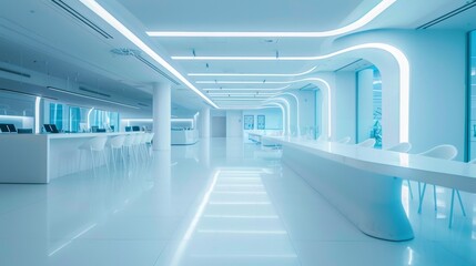 This ultra-modern office cafeteria showcases a futuristic interior with sleek white surfaces, dynamic lighting, and a high-tech ambiance.