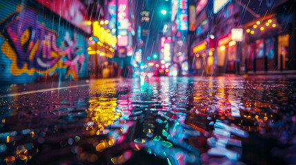 Colorful lights illuminate the wet city street at night, casting a vibrant glow on the...