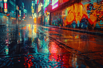 A rainy urban street at nighttime featuring neon lights and vibrant street art on the walls.