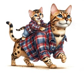 Watercolor illustration of a father Bengal cat with its kitten joyously riding on his back, both in stylish flannel shirts.