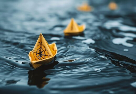 Entrepreneur charts new path with yellow paper boat, compass, leaving group, seizing business opportunity