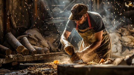 Carpenter's Dedication: Master Craftsman Chiseling Wood in a Bustling Workshop