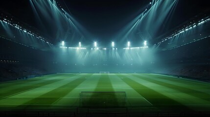 Illuminated empty football stadium under spotlights. Sports background with a soccer field. Professional arena before the game starts. Atmosphere of anticipation. AI