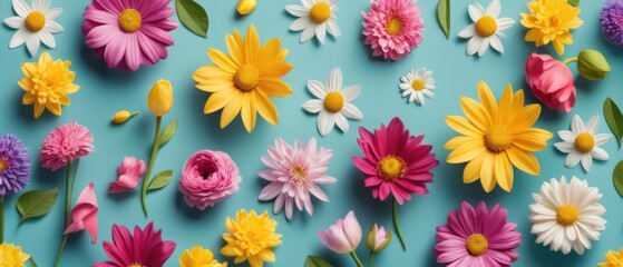 Illustration of vibrant spring flowers arranged on a flat background