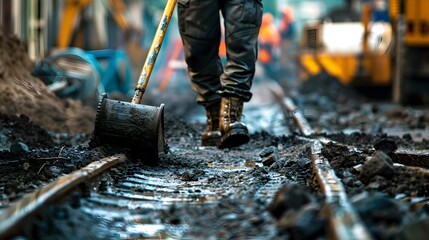 Naklejka premium Construction Worker Clearing Railway Tracks with Sledgehammer for New Infrastructure Development