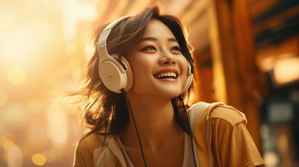 Happy Asian girl wearing headphones 