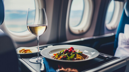  a glass of wine on the background of the porthole of a private jet, premium service on a first class, in-flight vip service - Powered by Adobe