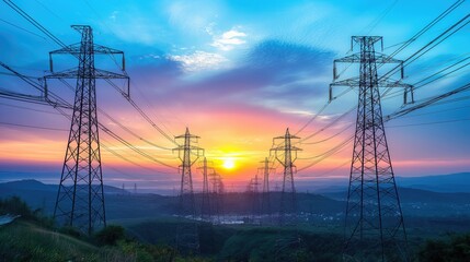 Electricity Towers Against Colorful Sunset Sky, Power Transmission Landscape
