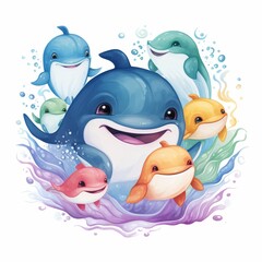 A group of cartoon dolphins are smiling and playing in the water