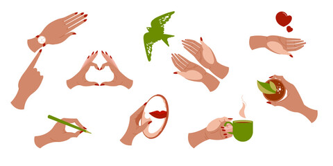 Collection of female hands. A hand holds a mirror, points to a watch, shows a heart, holds a mug, writes with a pencil. Vector illustration.