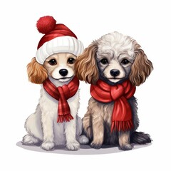 Cute couple poodles dogs wearing red hats and scarves are sitting next to each other