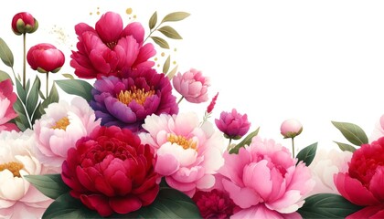 Richly colored watercolor painting of peonies in shades of ruby and pink, highlighted with delicate gold details.