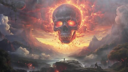Gigantic Skull Floating in a Fantasy Landscape at Sunset - Powered by Adobe