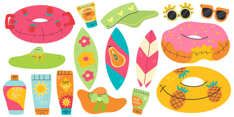 Big summer set for sticker. Icons, signs, banners. Beach party poster. Collection elements for summer holiday.
