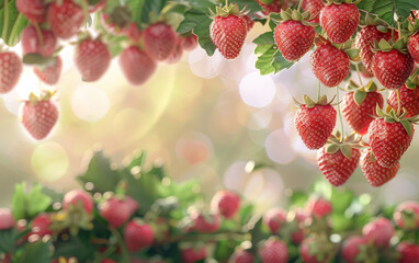 Fresh juicy strawberries hanging from a branch set against a vibrant banner backdrop, created using Generative AI technology.