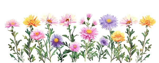 illustration of aster flower in various stages of blooming, featuring purple, pink, yellow, and white flowers with long green stems