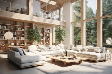 Interior of modern living room with wooden and concrete walls, wooden floor, comfortable sofa and bookcase. 3d rendering