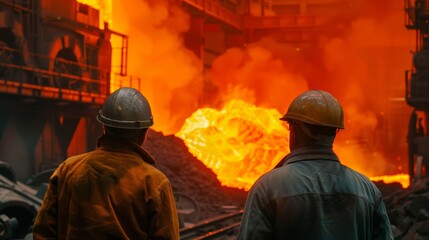 Two steelworkers watch a furnace Manufacturing industry, smelting, steel lathe a iron melter steel production in the factory