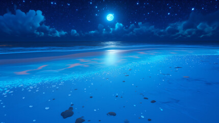 Fluorescent ocean under moonlight, 3D ultra wide viewing angle, starry embellishments, 8K ultra high definition visual feast