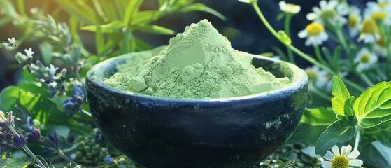 A simple yet elegant composition showcasing a bowl of green clay powder, with a background of natural elements such as herbs and flowers, highlighting its use in spa treatments