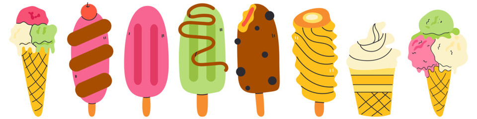 Set of tasty ice creams. Sweet summer delicacy sundaes, gelatos with different tasties. Icons, signs, banners, card, scrapbooking. Fresh summertime banner. Collection elements for summer holiday.