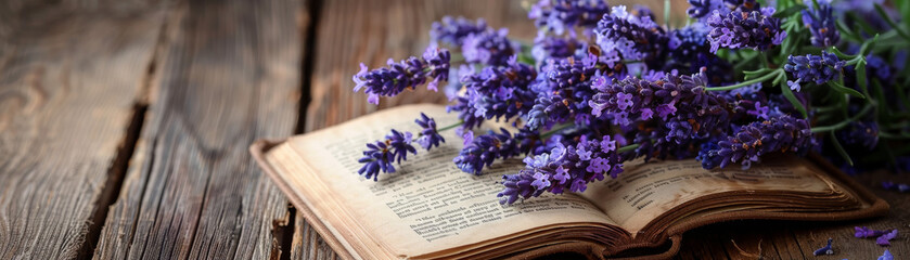 An antique book lies open on the table, adorned with a delicate purple flower resting on its pages,...