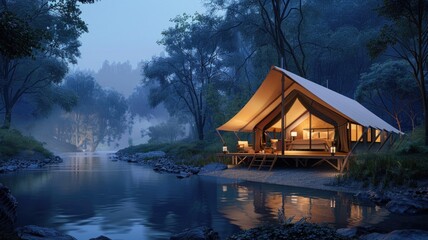 luxurious glamping tent by a tranquil river, the interior glowing warmly against the twilight, inviting guests to a restful sleep in the wilderness