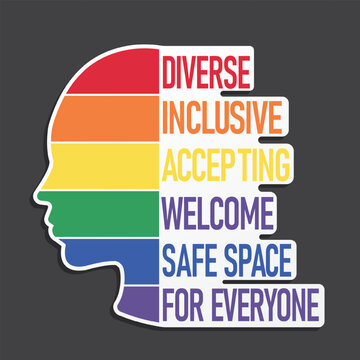 LGBTQ Pride Month poster design template. Head of human and rainbow flag with text, Diverse inclusive accepting welcoming safe space for everyone. Element for social post, banner. Vector Illustration.
