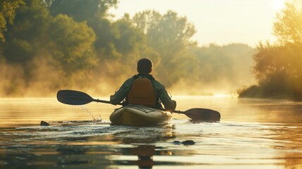 Man kayaking on the river in the early morning, sunset. Sport and active lifestyle. Man kayaking at sunset. Adventurous woman preparing her kayak at the edge of a tranquil lake, early morning.