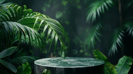 Podium mockup, product advertising display tropical tree leaves background with water droplets, 3d render