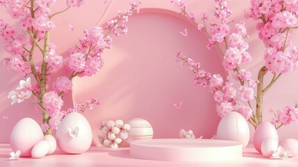 W pomieszczeniu znajduje się różowy kolor ścian, kwiaty oraz wazony na stole. Wszystko ustawione jest dekoracyjnie i symetrycznie