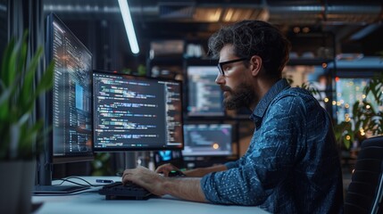 A man is seated in front of a computer monitor, focusing on coding and programming an AI robot