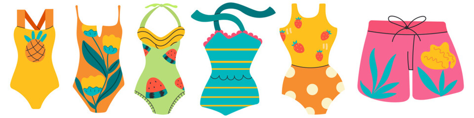 Summer vector swimwear set for sticker. Icons, signs, banners, card, scrapbooking. Fresh summertime banner. Collection elements for summer holiday.