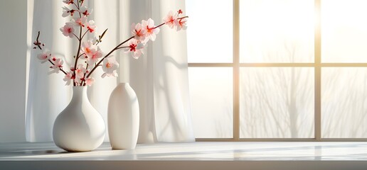 White vases with spring flowers on the table, blurred window background, cherry blossoms outside the window, Japanese style, minimalist design, simple background
