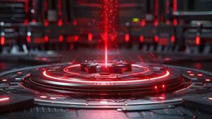 Captivating Futuristic High-Tech Device Radiating Cinematic Laser Beam on Intricate Circular Podium