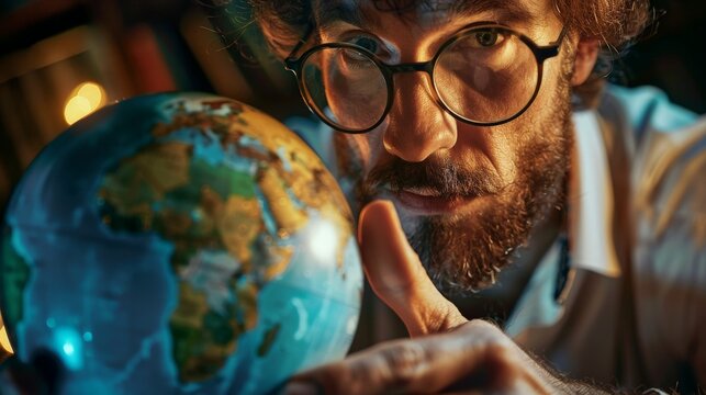 Bearded man wearing horn-rimmed glasses gazes intently at a globe.