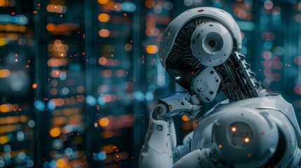 Fototapeta premium A robot stands and analyses data against a futuristic backdrop