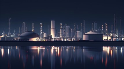 Cinematic Nighttime Aerial View of Expansive Oil and Gas Refinery Facility with Storage Tanks and Pipeline Infrastructure