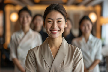 A photograph of the hotel staff smiling broadly showcases their positive attitude and commitment to excellent service, representing their strong work ethic and dedication to customer satisfaction.