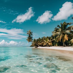Serene tropical beach with crystal-clear waters and palm trees