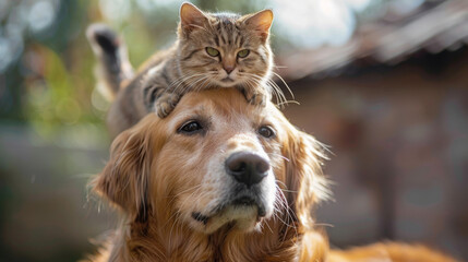 Obraz premium Cat and dog enjoying each other's company, with the cat sitting on the dog's head in a lovely and adorable pet snapshot. AI-generated content.
