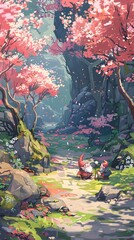 Obraz premium Enchanting Springtime Path Amid Blooming Cherry Blossom Trees in Lush Forest Landscape