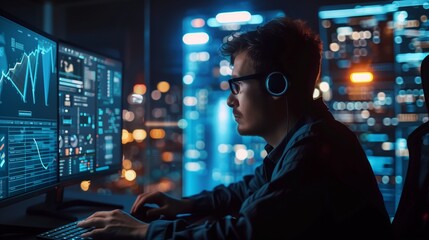 A man in front of a computer wearing headphones, programming an AI robot with focus and concentration