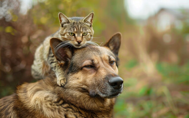 Obraz premium The joyful feline and canine buddies frolicked happily, with the cat perched on the dog's head, capturing an adorable pet snapshot, created by artificial intelligence.