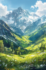 Obraz premium Beautiful illustration of a rolling green valley with a snow-capped mountain range, created in a unique artistic style using textured brush strokes, Generative AI technology.