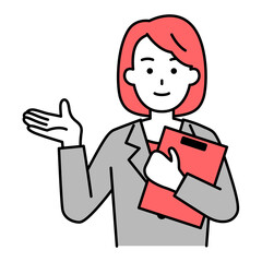 クリップボードを持って説明するスーツの女性