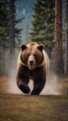 Raging grizzly bear sprints menacingly towards the camera, eyes ablaze.